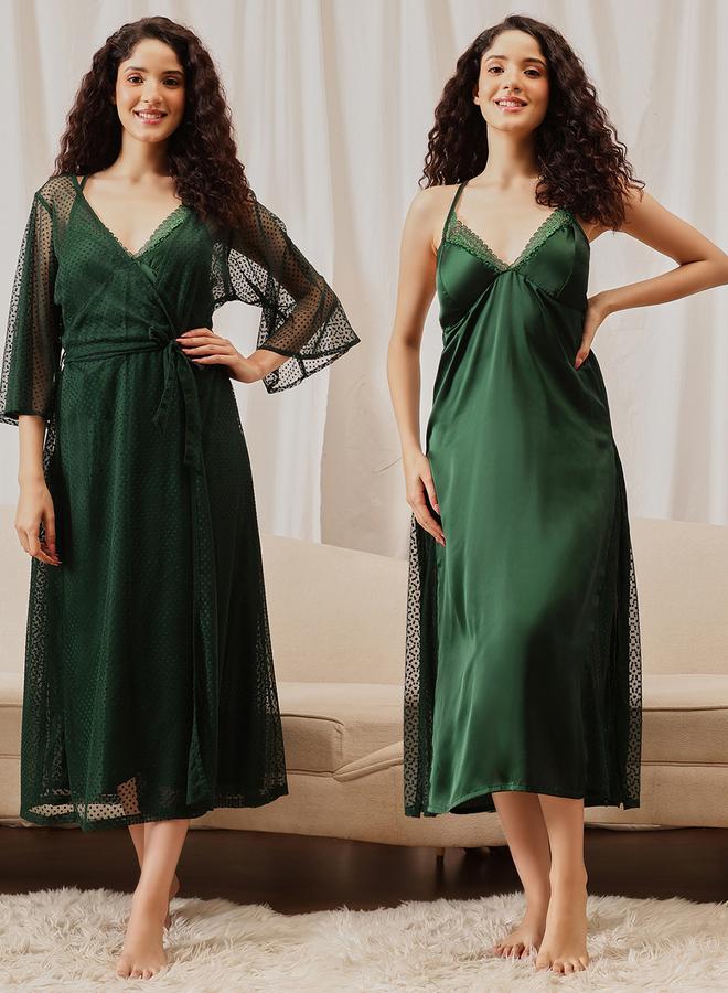 Clovia Pack of 2 - Lace Trim Satin Robe and Slip Dress - Image 1